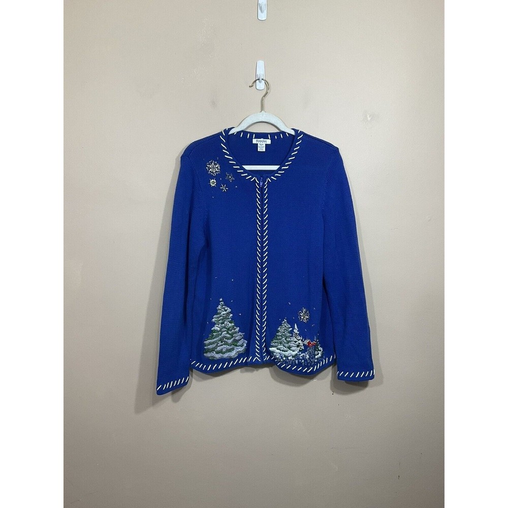 Womens Beaded Christmas Cardigan PL Blue Snowflakes Holiday Sequin Ugly Sweater